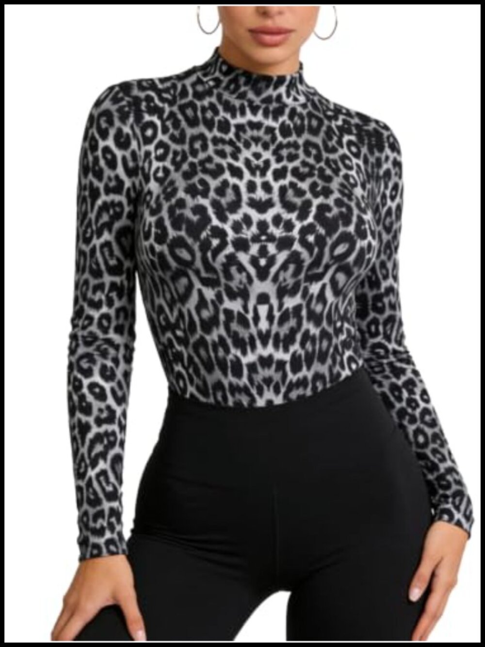 Women's Mock Neck Long Sleeve Top Leopard Print Baselayer